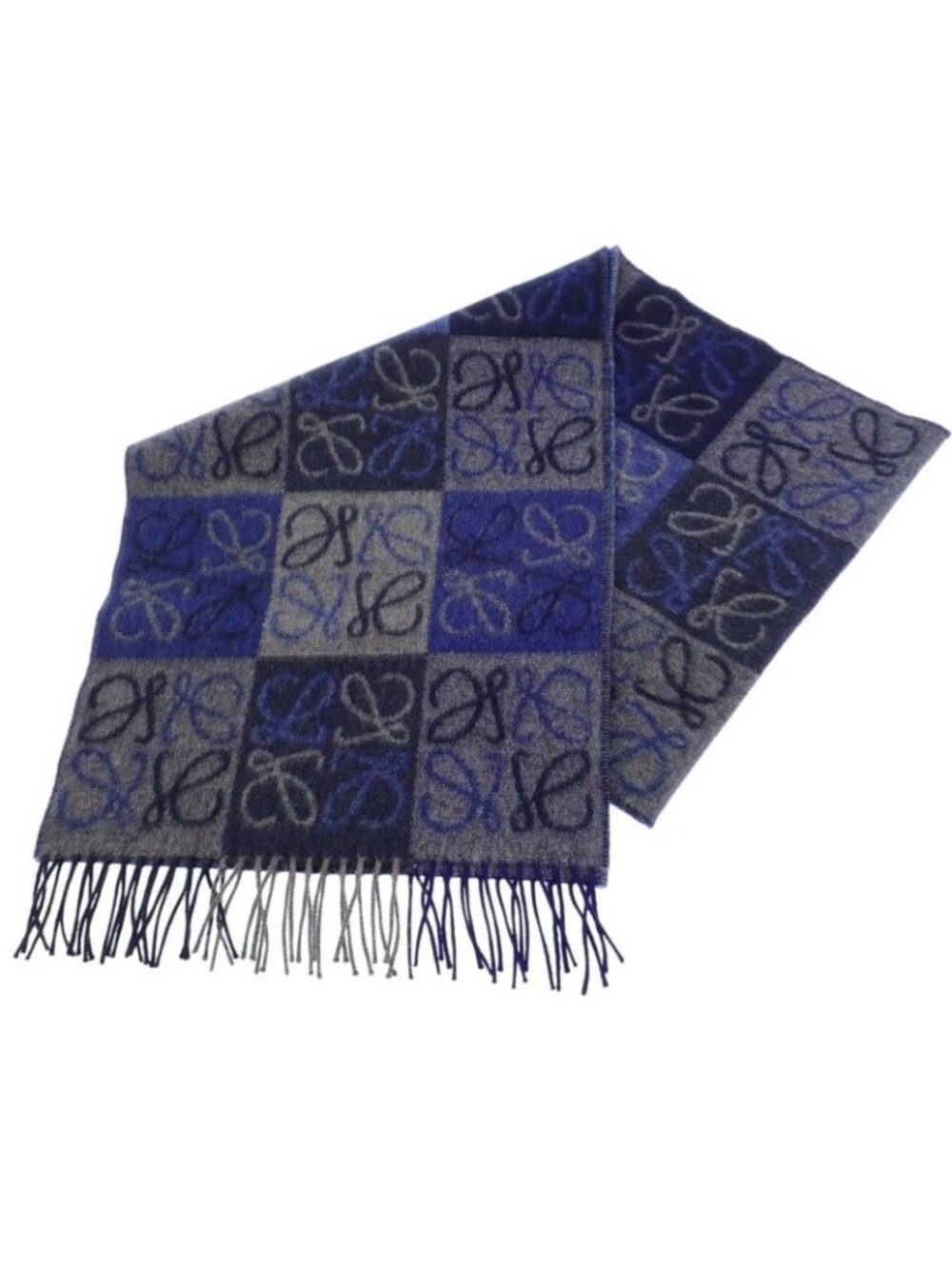 Loewe Checkerboard Scarf Anagram Fringe Wool Cashmere Blue
